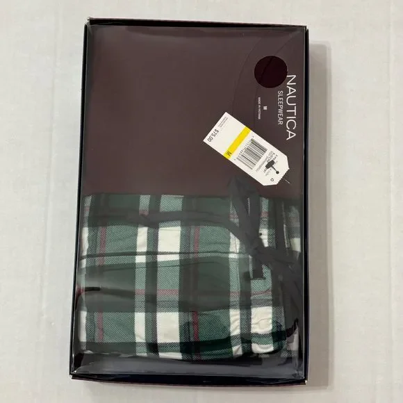 Nautica NWB Sz M Men's PJ Set Maroon/Green Multi Crew Neck Cozy Pants - Picture 10 of 12